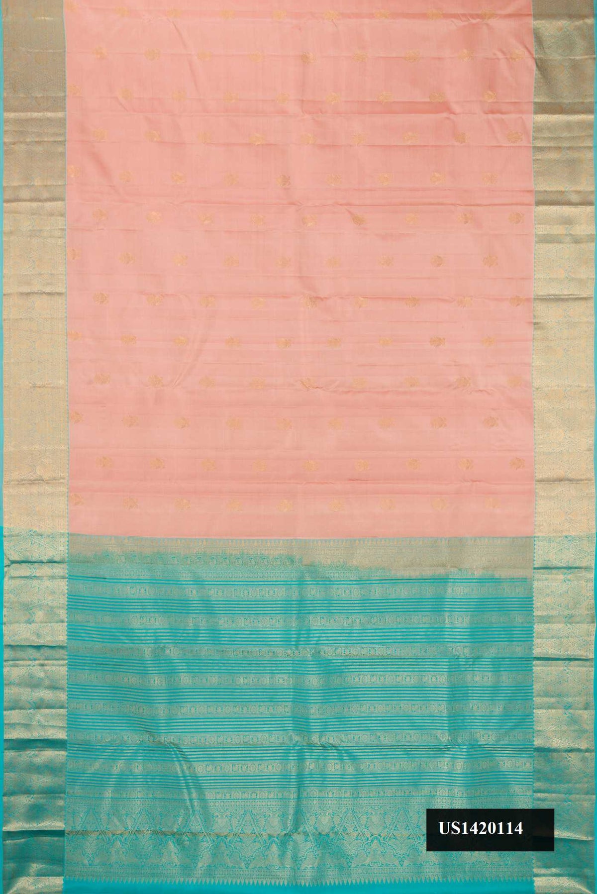 Peach Dual Tone Kanchipuram Silk Saree with Zari Butta on the body and Zari Border.  displayed on a mannequin