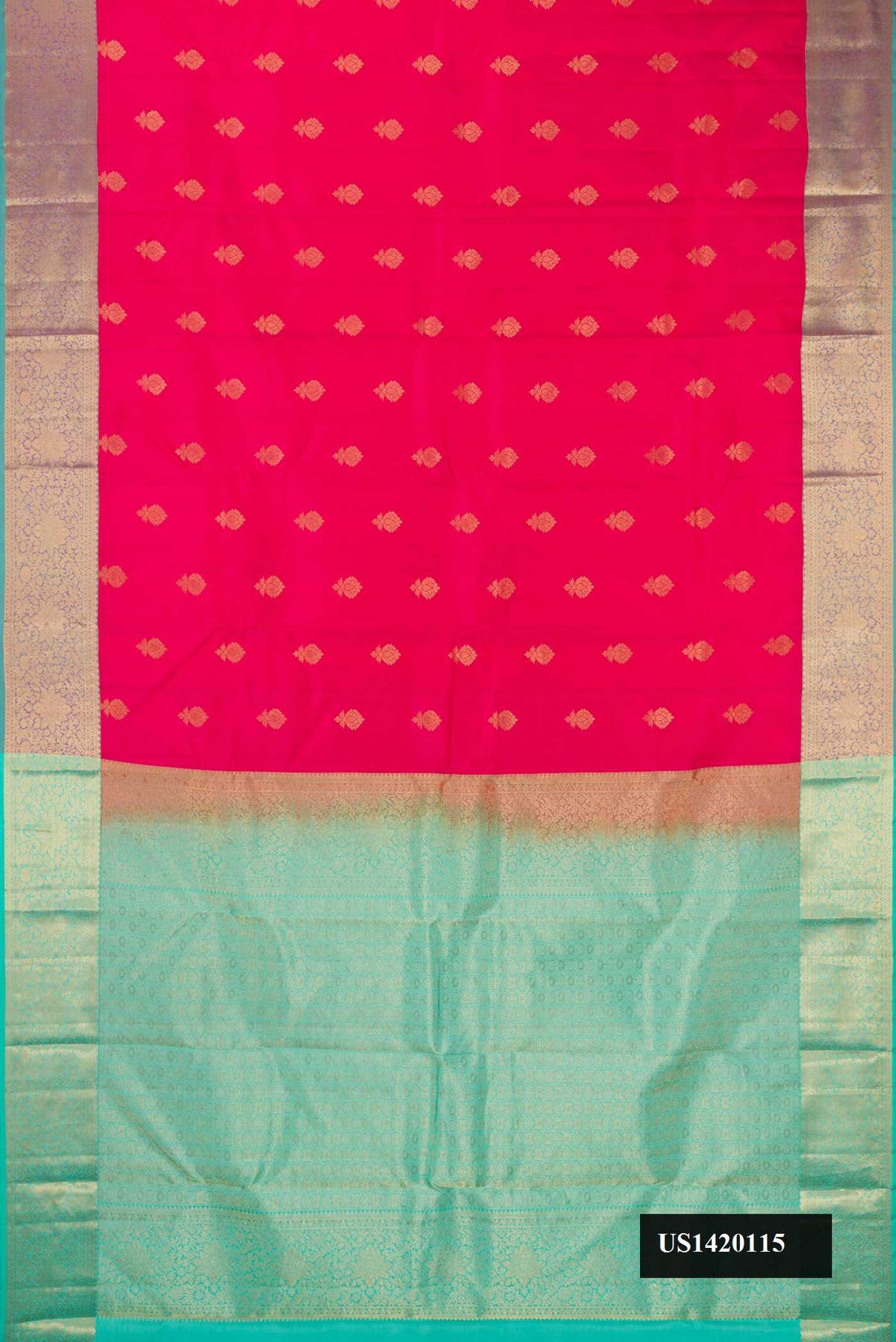 Dark Pink Dual Tone Kanchipuram Silk Saree with Zari Butta on the body and Zari Border.  displayed on a mannequin