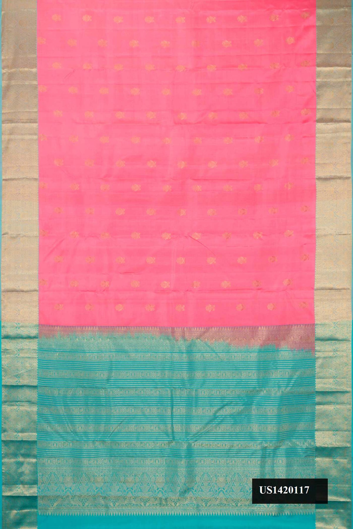 Pink Dual Tone Kanchipuram Silk Saree with Zari Butta on the body and Zari Border.  displayed on a mannequin