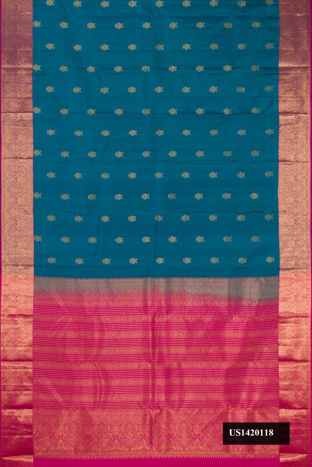 Peacock Blue Dual Tone Kanchipuram Silk Saree with Zari Butta on the body and Zari Border.  displayed on a mannequin