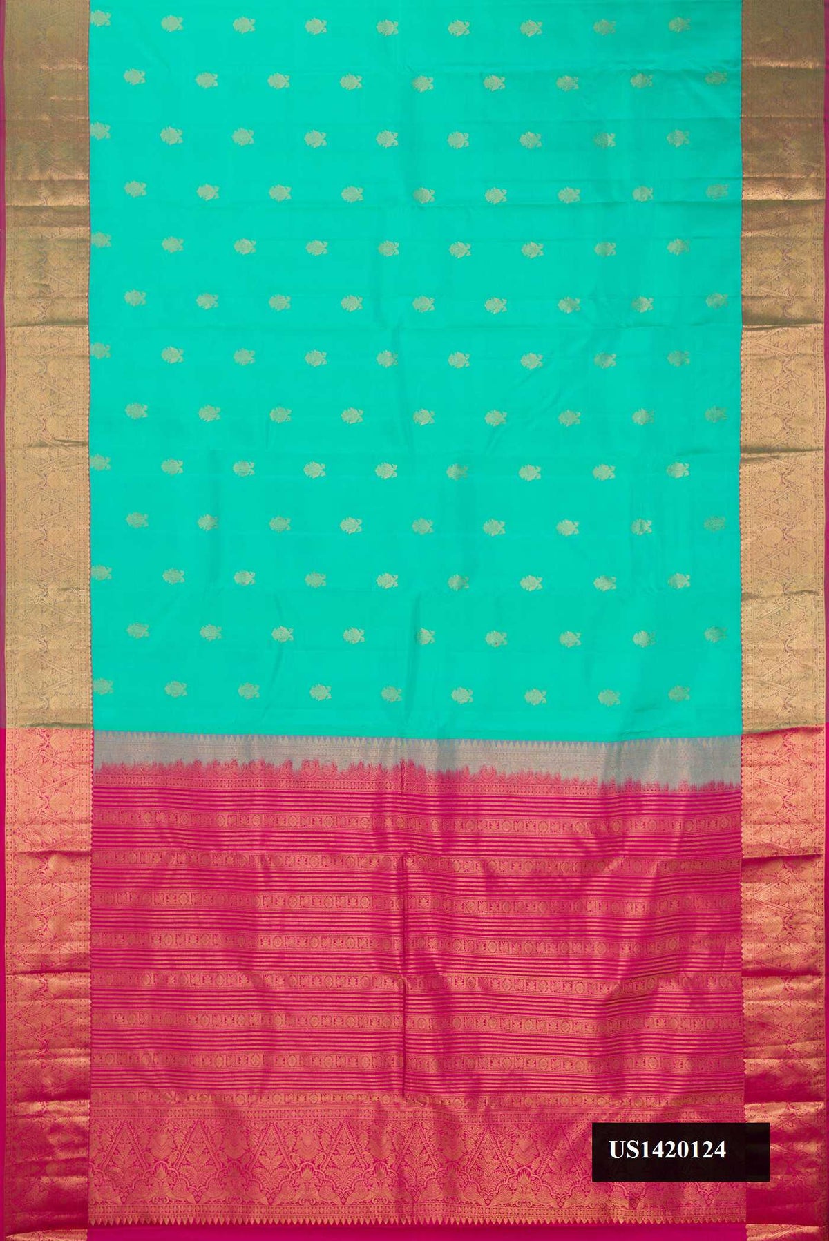 Sea Green Dual Tone Kanchipuram Silk Saree with Zari Butta on the body and Zari Border.  displayed on a mannequin