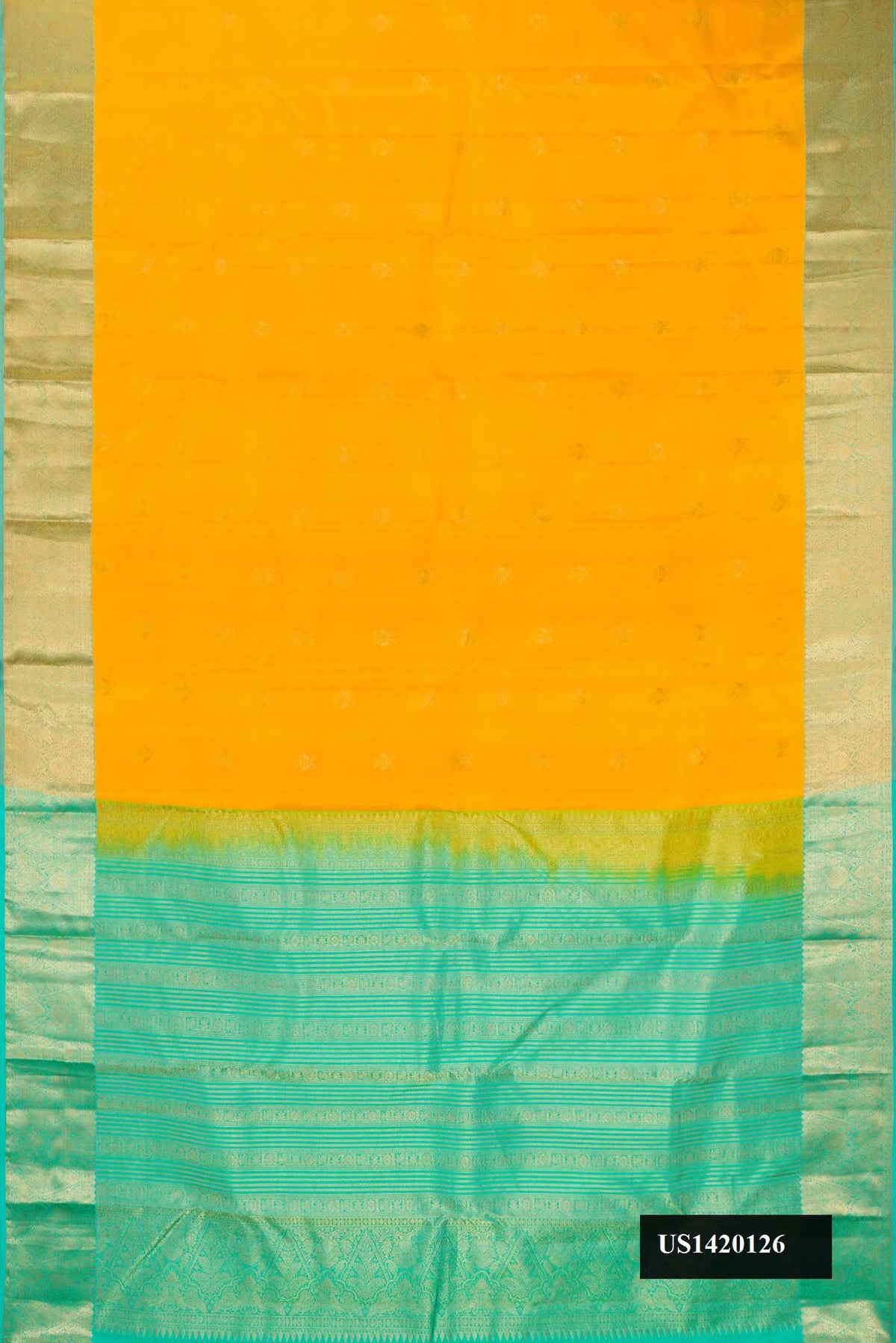 Mustard Dual Tone Kanchipuram Silk Saree with Zari Butta on the body and Zari Border.  displayed on a mannequin
