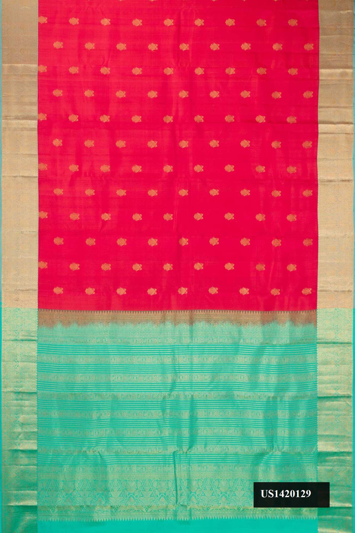 Pink Dual Tone Kanchipuram Silk Saree with Zari Butta on the body and Zari Border.  displayed on a mannequin