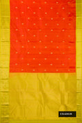 Orange Dual Tone Kanchipuram Silk Saree with Zari Butta on the body and Zari Border.  displayed on a mannequin