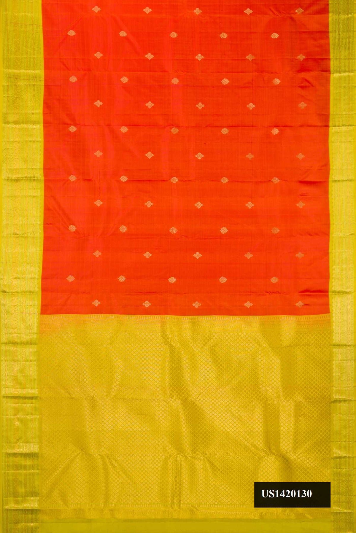 Orange Dual Tone Kanchipuram Silk Saree with Zari Butta on the body and Zari Border.  displayed on a mannequin