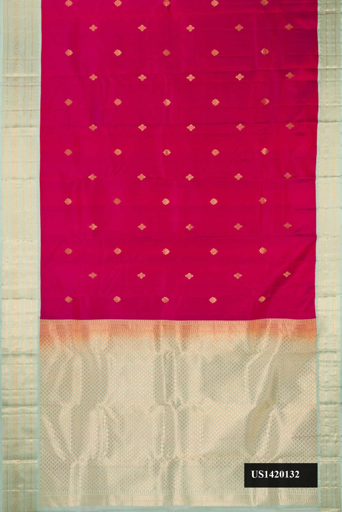 Maroon Dual Tone Kanchipuram Silk Saree with Zari Butta on the body and Zari Border.  displayed on a mannequin