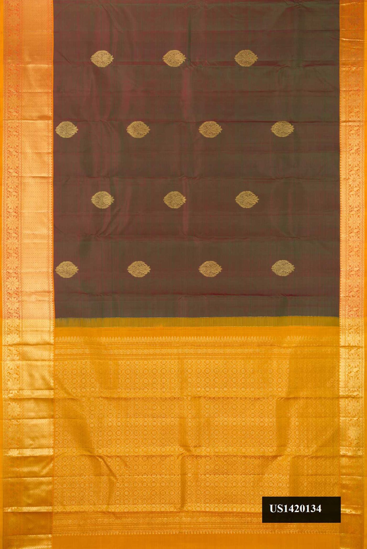 Mehandi Green Dual Tone Kanchipuram Silk Saree with Zari Butta on the body and Zari Border.  displayed on a mannequin