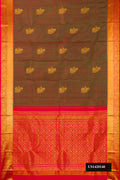 Mehandi Green Dual Tone Kanchipuram Silk Saree with Zari Butta on the body and Zari Border.  displayed on a mannequin