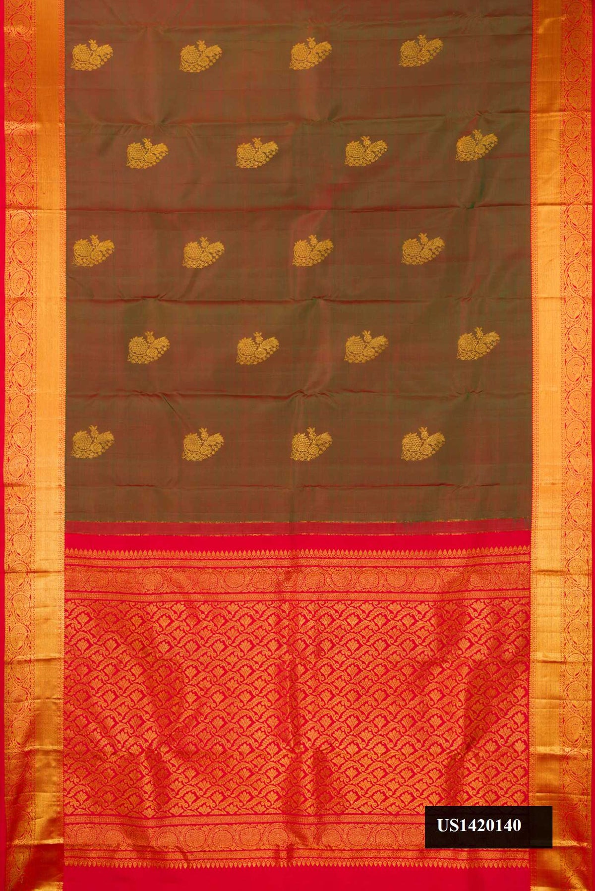 Mehandi Green Dual Tone Kanchipuram Silk Saree with Zari Butta on the body and Zari Border.  displayed on a mannequin