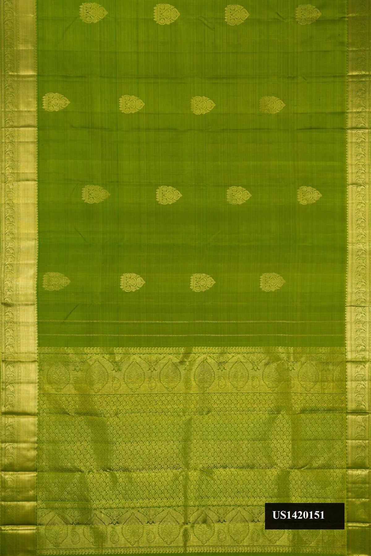 Parrot Green Dual Tone Kanchipuram Silk Saree with Zari Butta on the body and Zari Border.  displayed on a mannequin