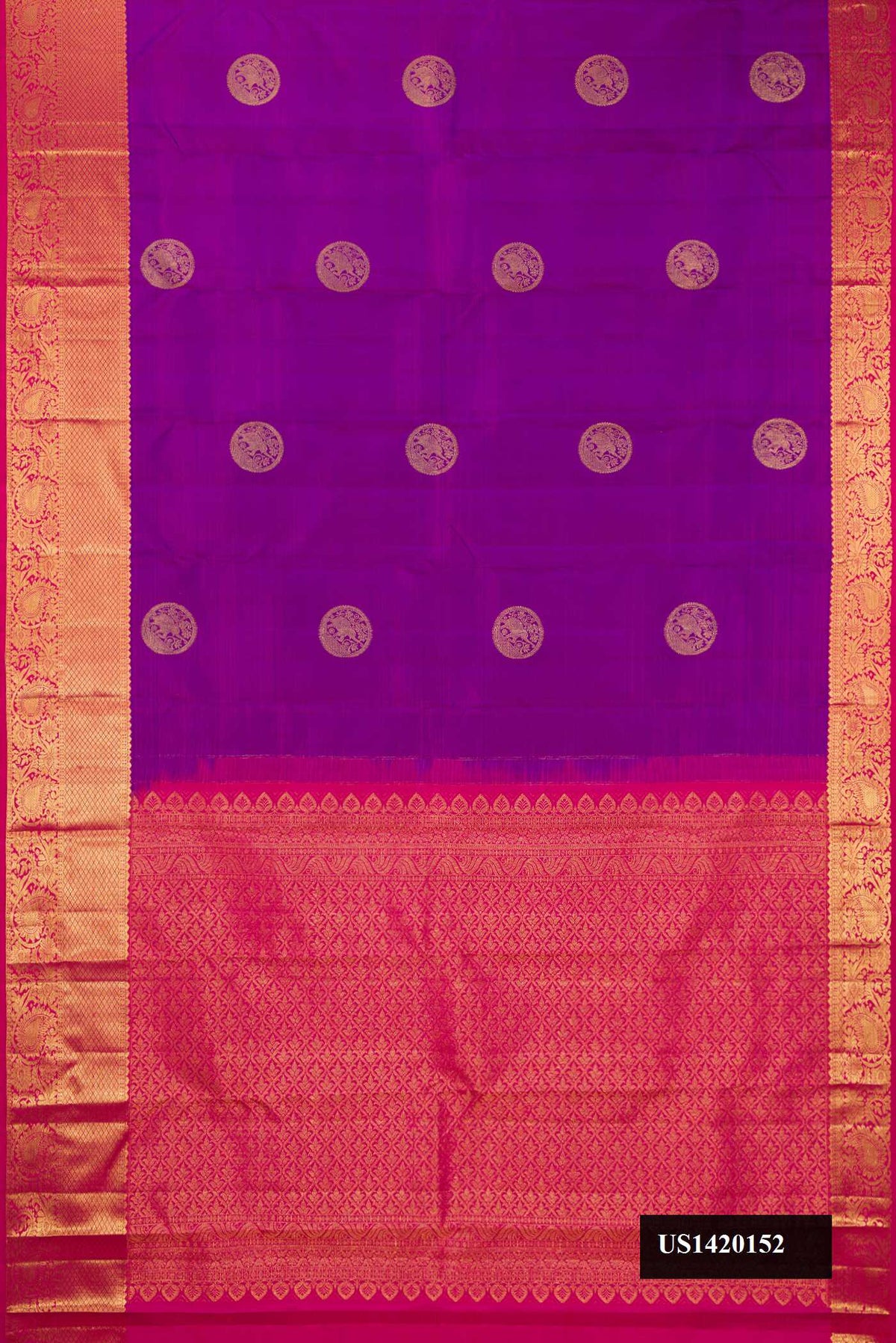 Purple Dual Tone Kanchipuram Silk Saree with Zari Butta on the body and Zari Border.  displayed on a mannequin