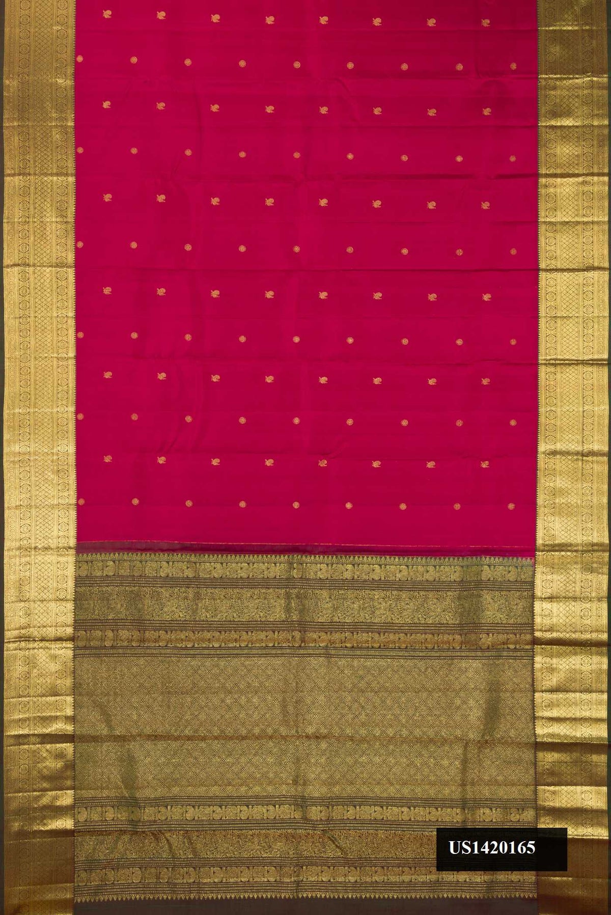 Maroon Dual Tone Kanchipuram Silk Saree with Zari Butta on the body and Zari Border.  displayed on a mannequin