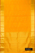 Mustard Dual Tone Kanchipuram Silk Saree with Zari Butta on the body and Zari Border.  displayed on a mannequin