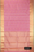Rose Gold Dual Tone Kanchipuram Silk Saree with Zari Butta on the body and Zari Border.  displayed on a mannequin