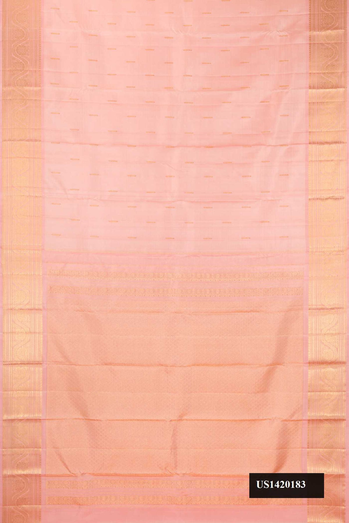 Golden Peach Dual Tone Kanchipuram Silk Saree with Zari Butta on the body and Zari Border.  displayed on a mannequin