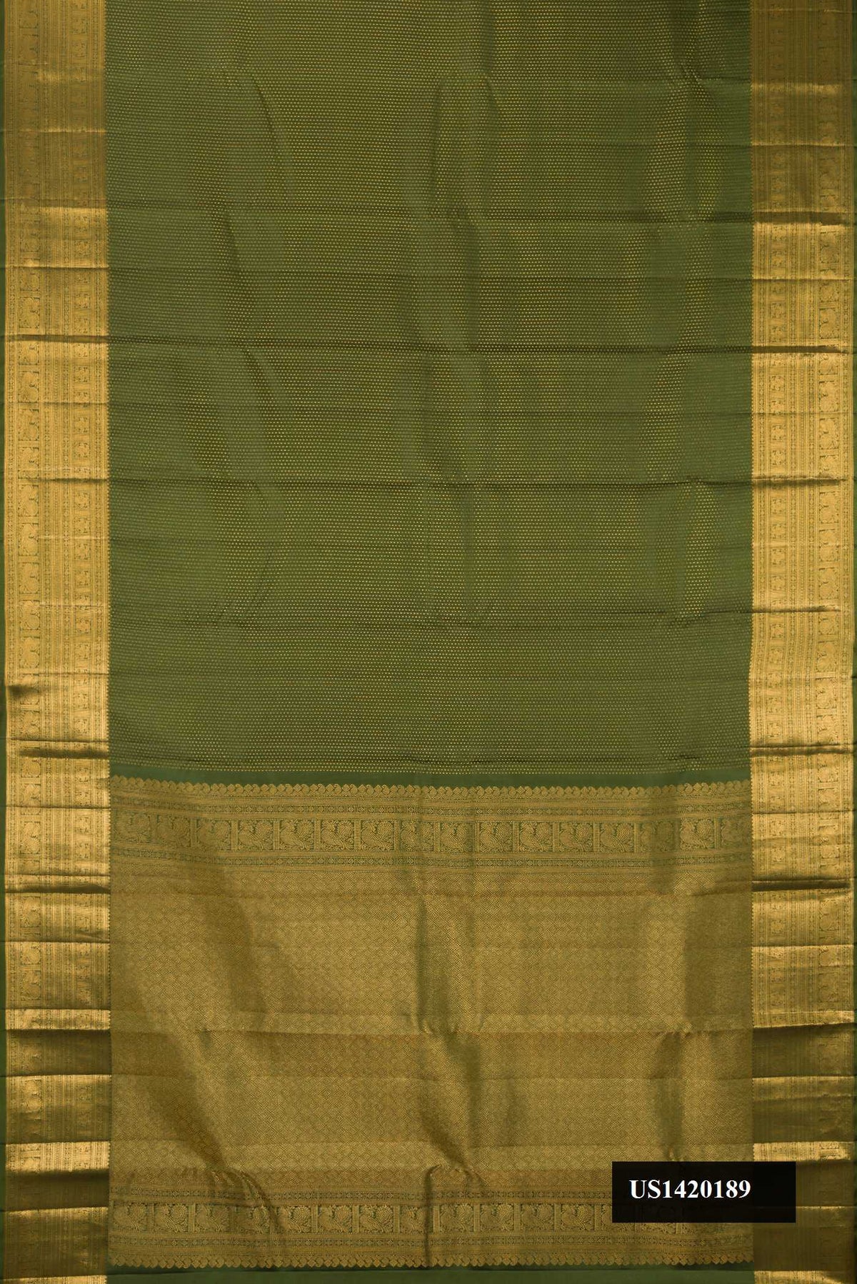 Mehandi Green Dual Tone Kanchipuram Silk Saree with Zari Butta on the body and Zari Border.  displayed on a mannequin