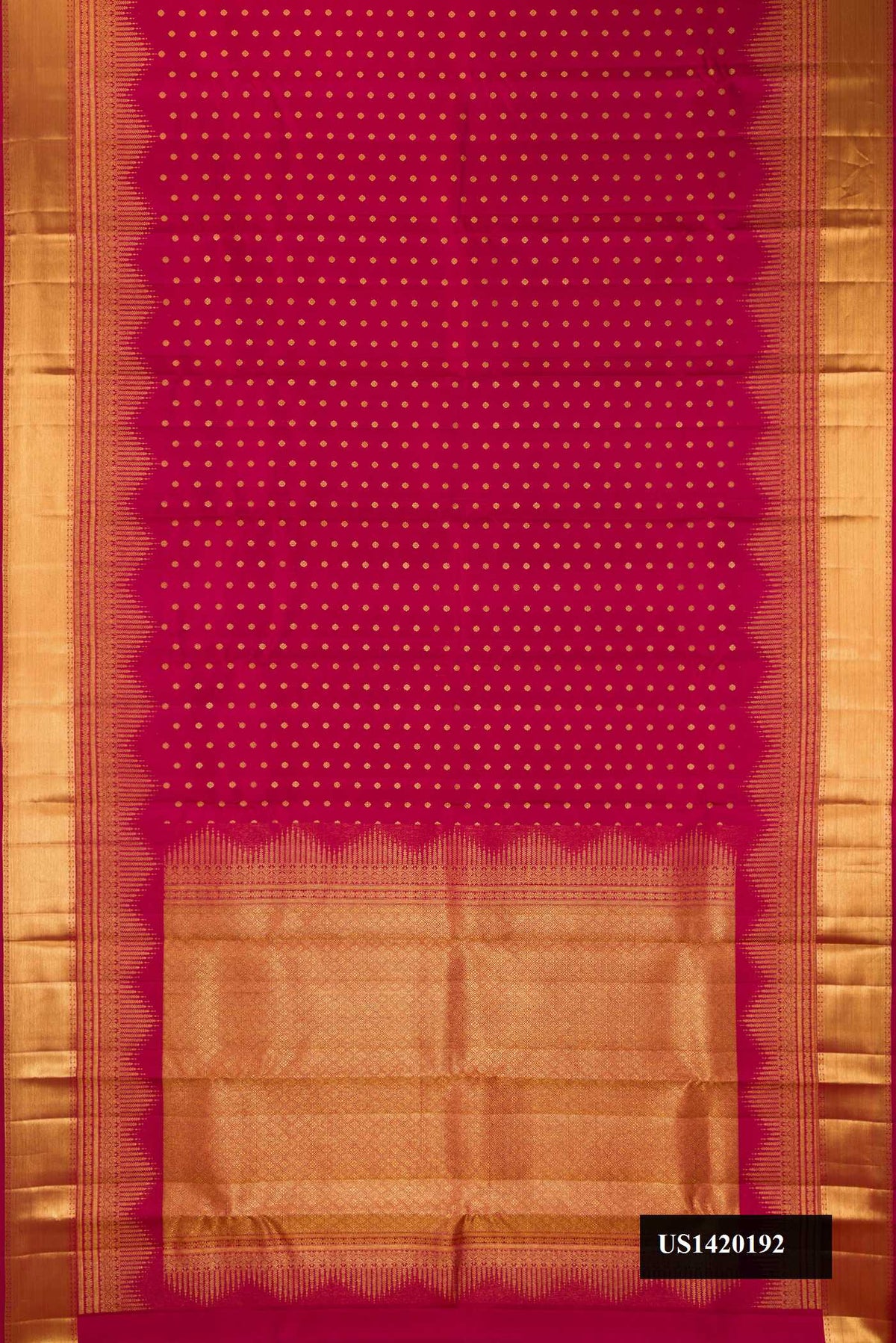 Dark Pink Dual Tone Kanchipuram Silk Saree with Zari Butta on the body and Fancy Border.  displayed on a mannequin