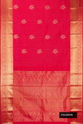Dark Pink Dual Tone Kanchipuram Silk Saree with Zari Brocade on the body and Zari Border.  displayed on a mannequin