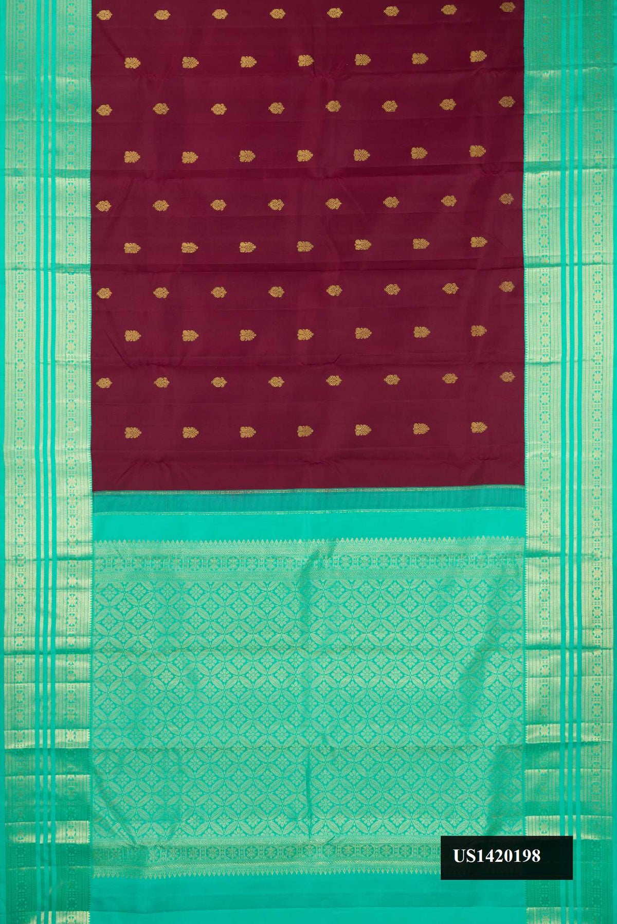 Coffee Brown Dual Tone Kanchipuram Silk Saree with Zari Butta on the body and Zari Border.  displayed on a mannequin