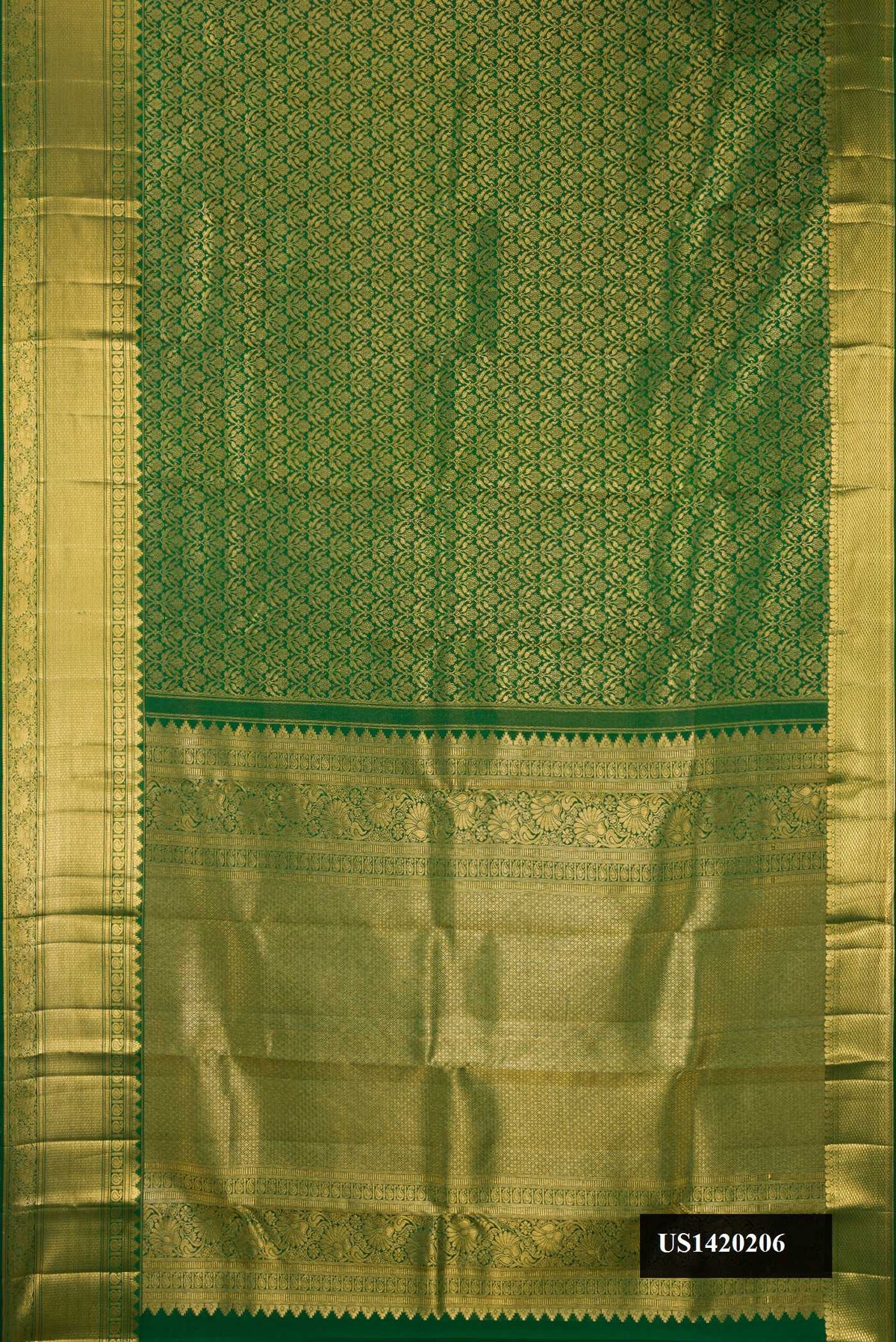 Bottle Green Dual Tone Kanchipuram Silk Saree with Zari Brocade on the body and Zari Border.  displayed on a mannequin