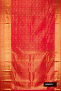 Red Dual Tone Kanchipuram Silk Saree with Zari Brocade on the body and Zari Border.  displayed on a mannequin