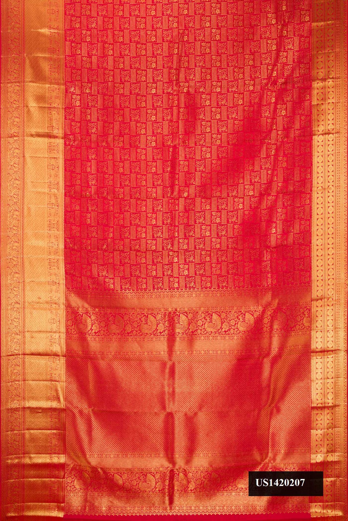 Red Dual Tone Kanchipuram Silk Saree with Zari Brocade on the body and Zari Border.  displayed on a mannequin