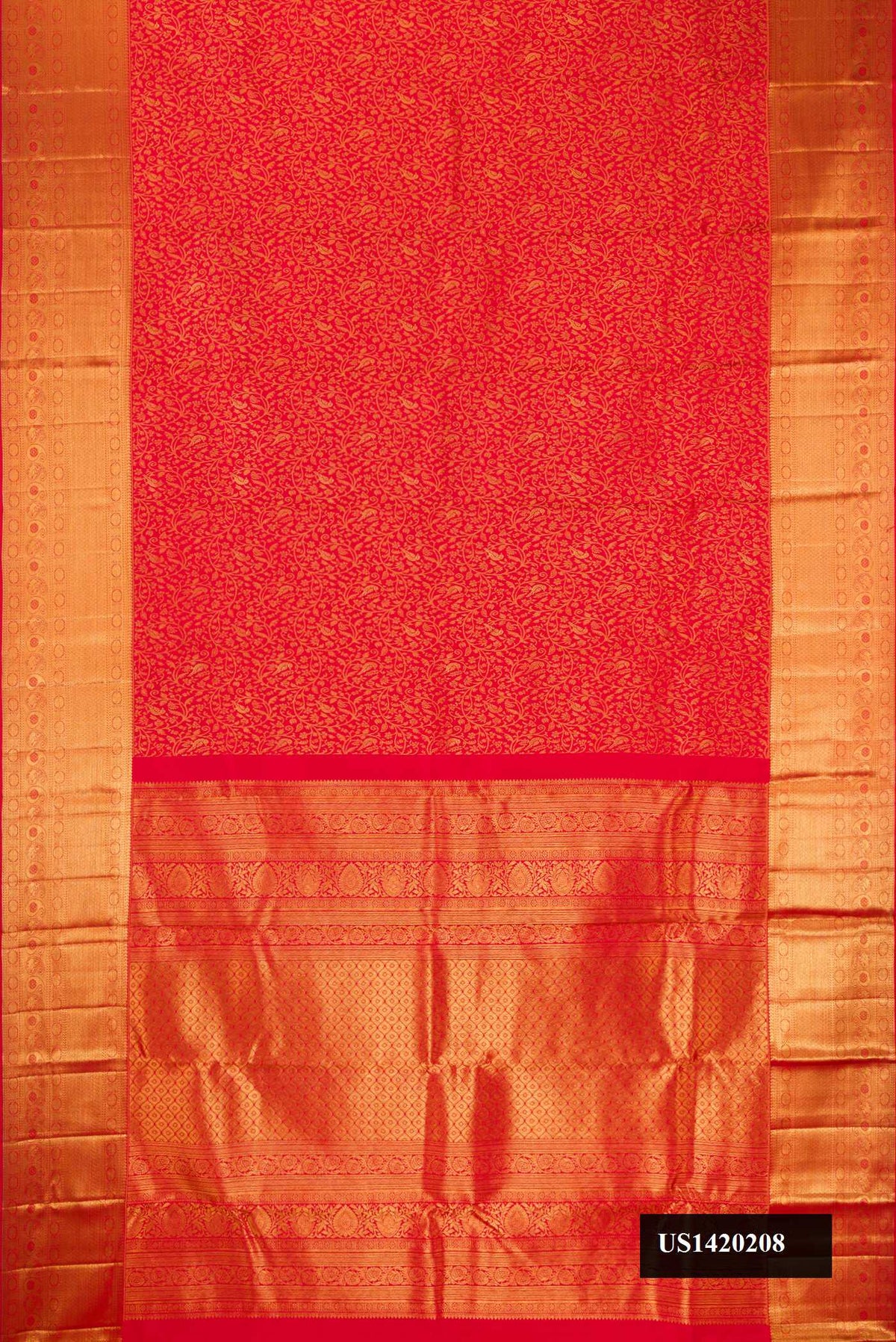 Red Dual Tone Kanchipuram Silk Saree with Zari Brocade on the body and Zari Border.  displayed on a mannequin
