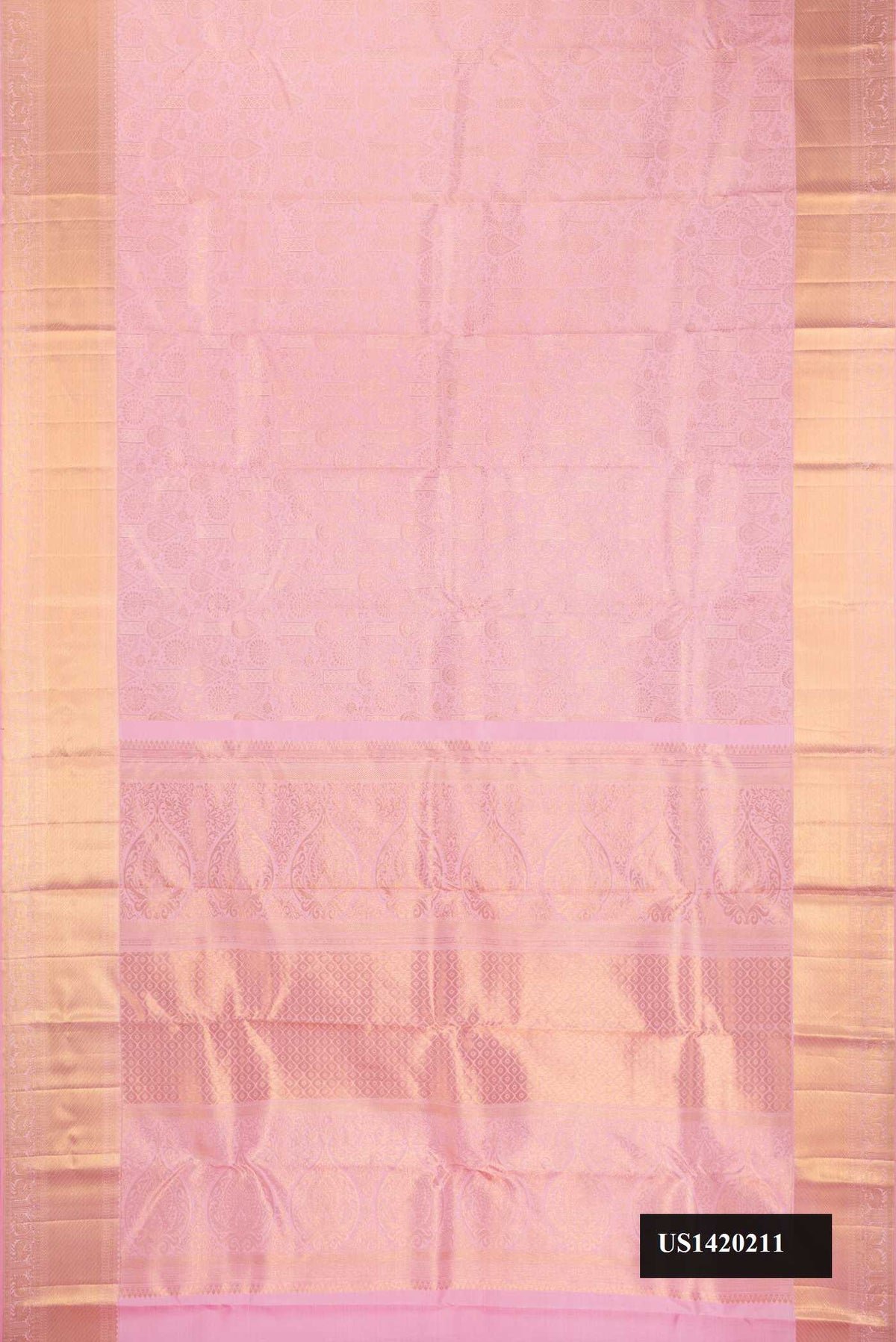 Rose pink Dual Tone Kanchipuram Silk Saree with Zari Brocade on the body and Zari Border.  displayed on a mannequin