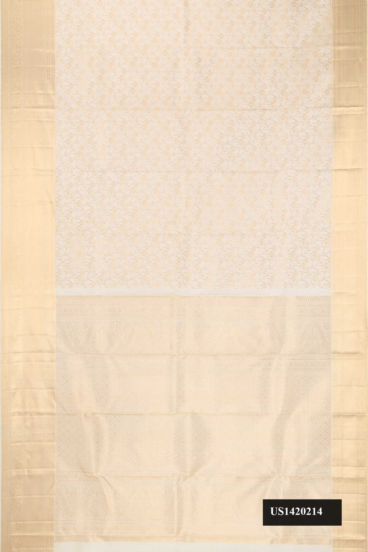 Off White Dual Tone Kanchipuram Silk Saree with Zari Brocade on the body and Zari Border.  displayed on a mannequin