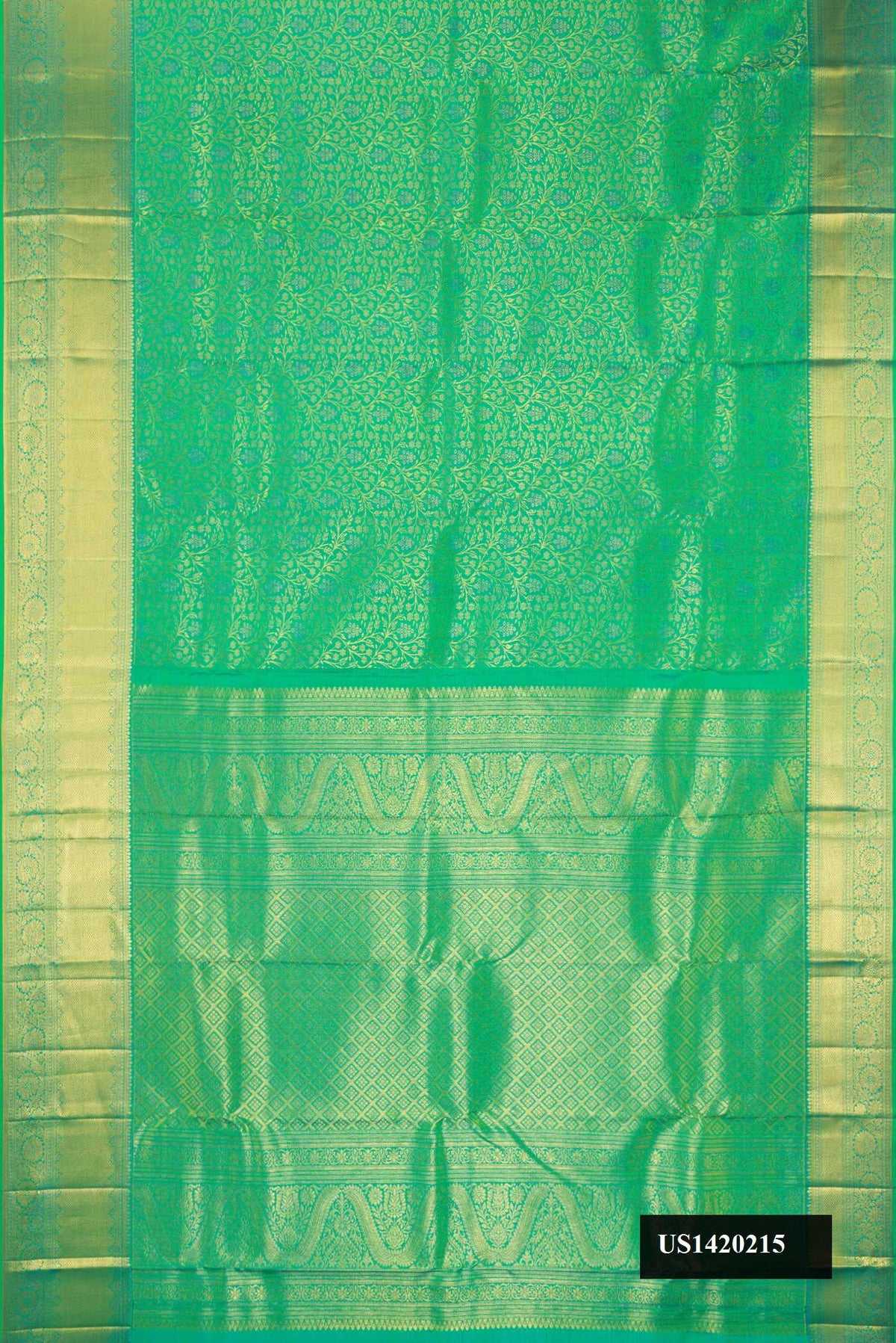Sea Green Dual Tone Kanchipuram Silk Saree with Zari Brocade on the body and Zari Border.  displayed on a mannequin