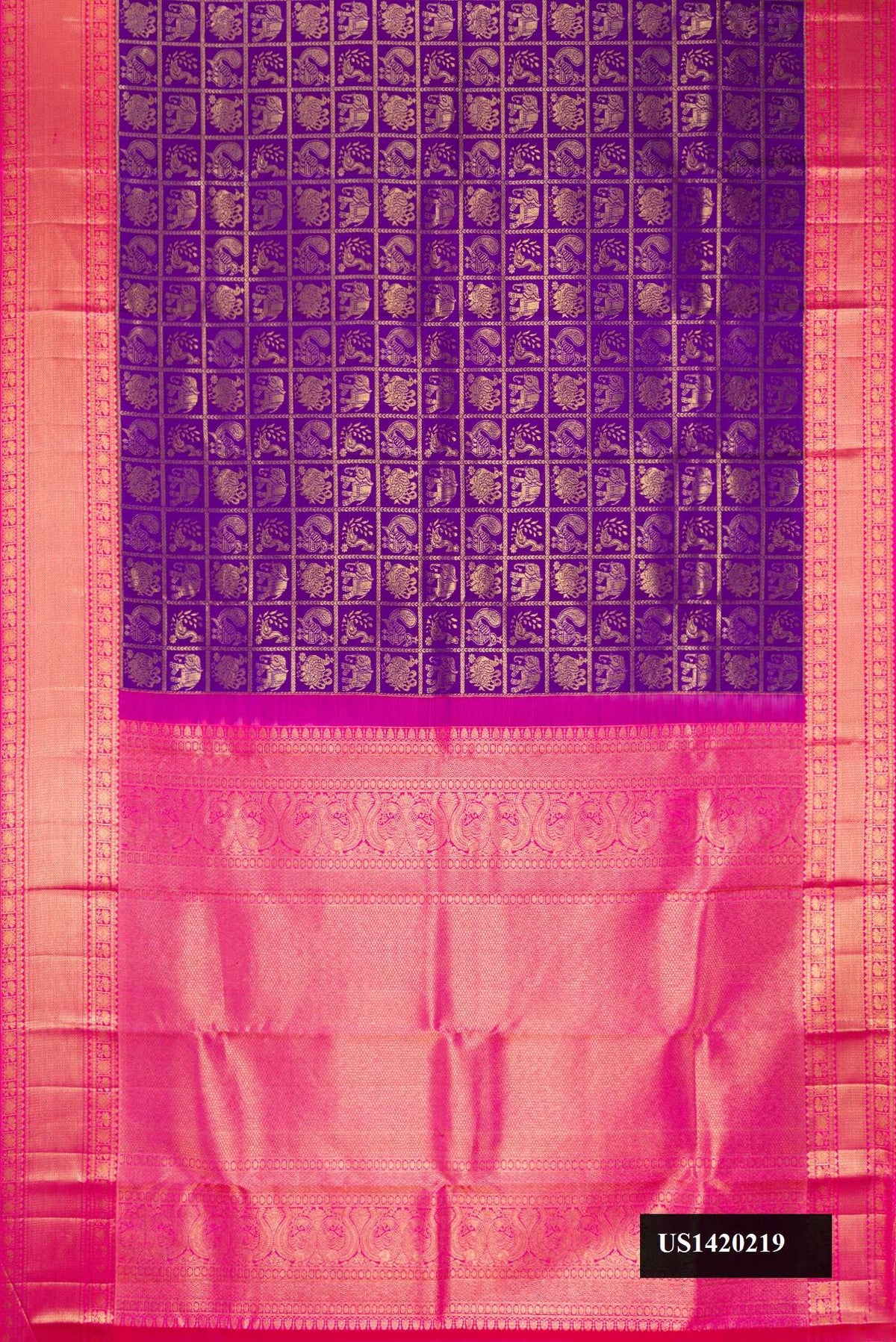 Violet Dual Tone Kanchipuram Silk Saree with Zari Brocade on the body and Zari Border.  displayed on a mannequin