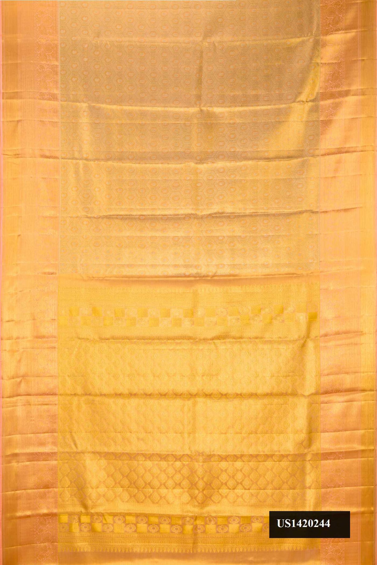 Golden Peach Dual Tone Kanchipuram Tissue Silk Saree with Zari Brocade on the body and Zari Border.  displayed on a mannequin