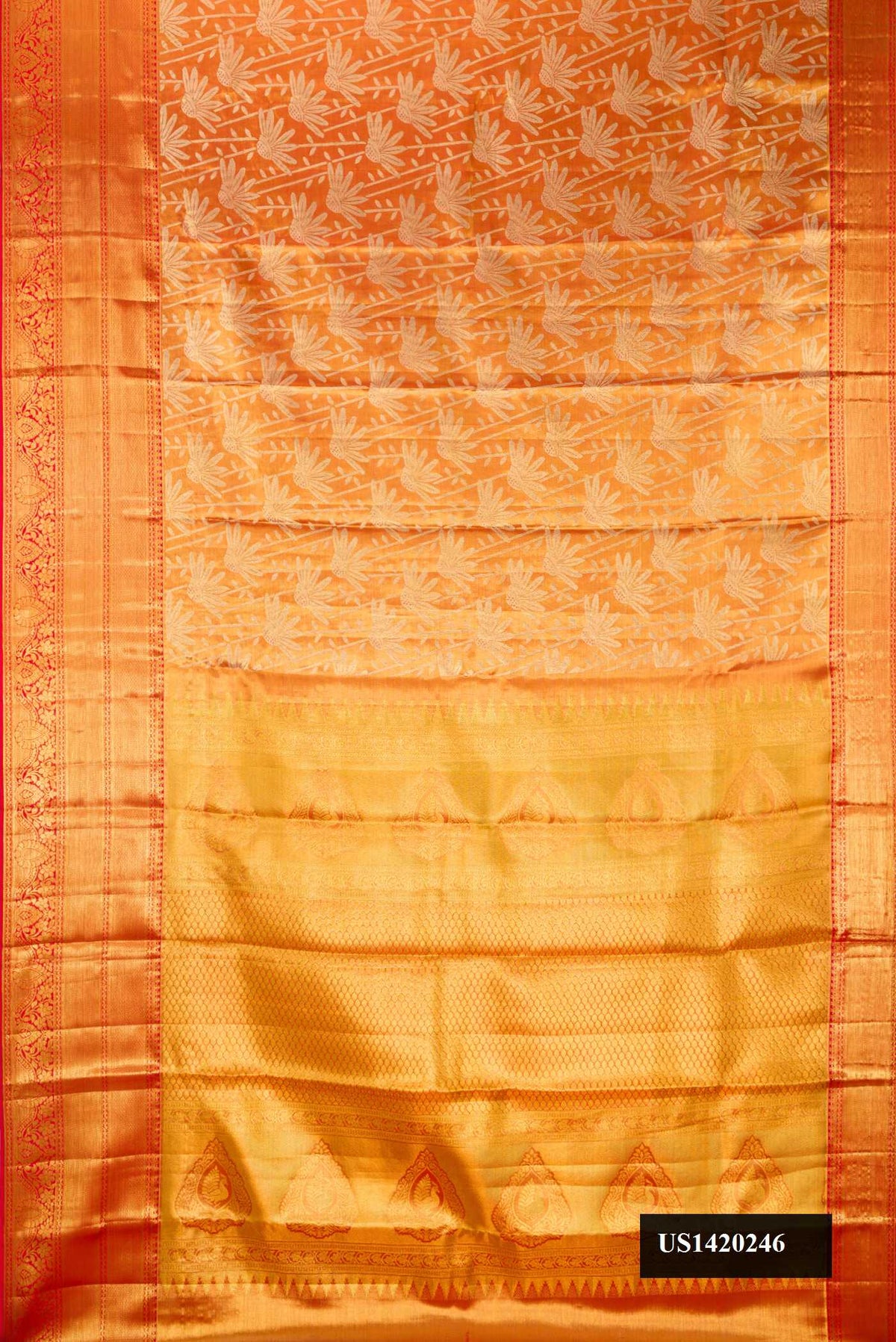 Gold Dual Tone Kanchipuram Tissue Silk Saree with Zari Brocade on the body and Zari Border.  displayed on a mannequin