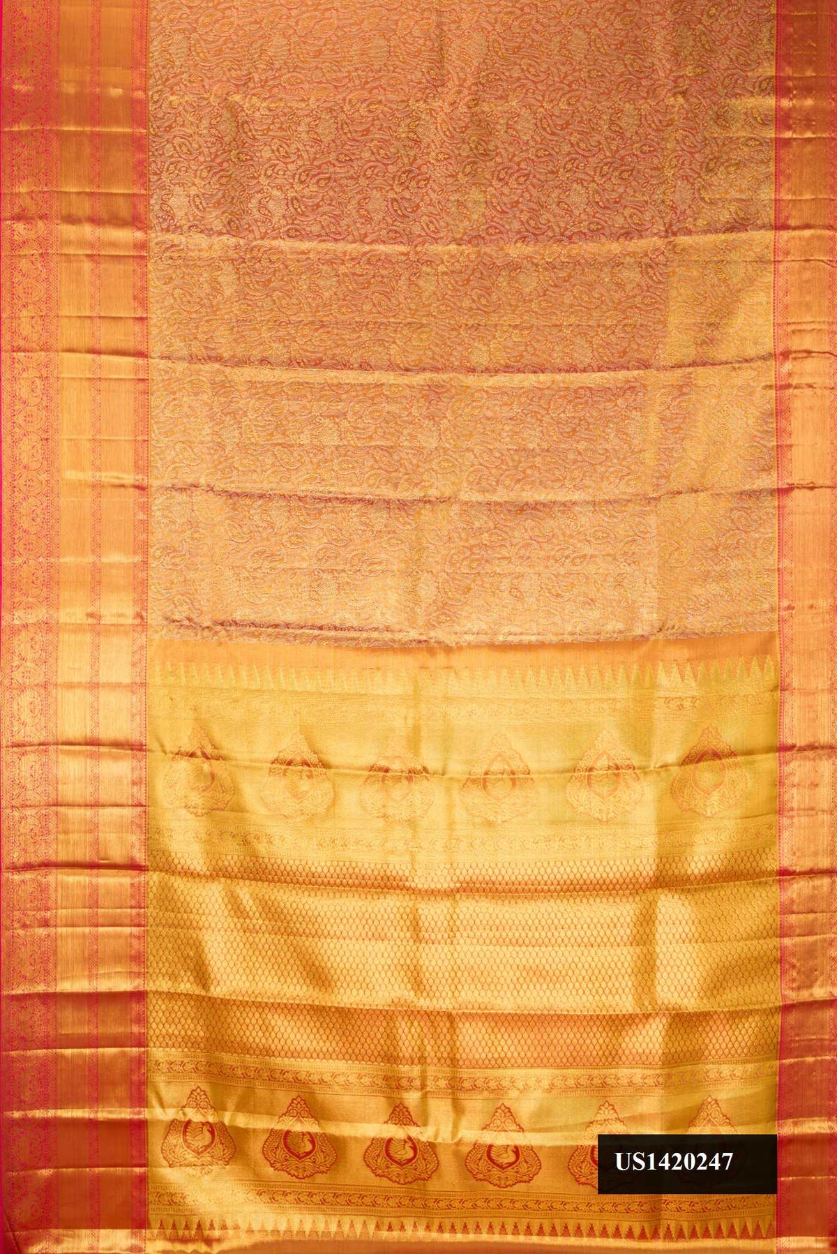 Pink Dual Tone Kanchipuram Tissue Silk Saree with Zari Brocade on the body and Zari Border.  displayed on a mannequin