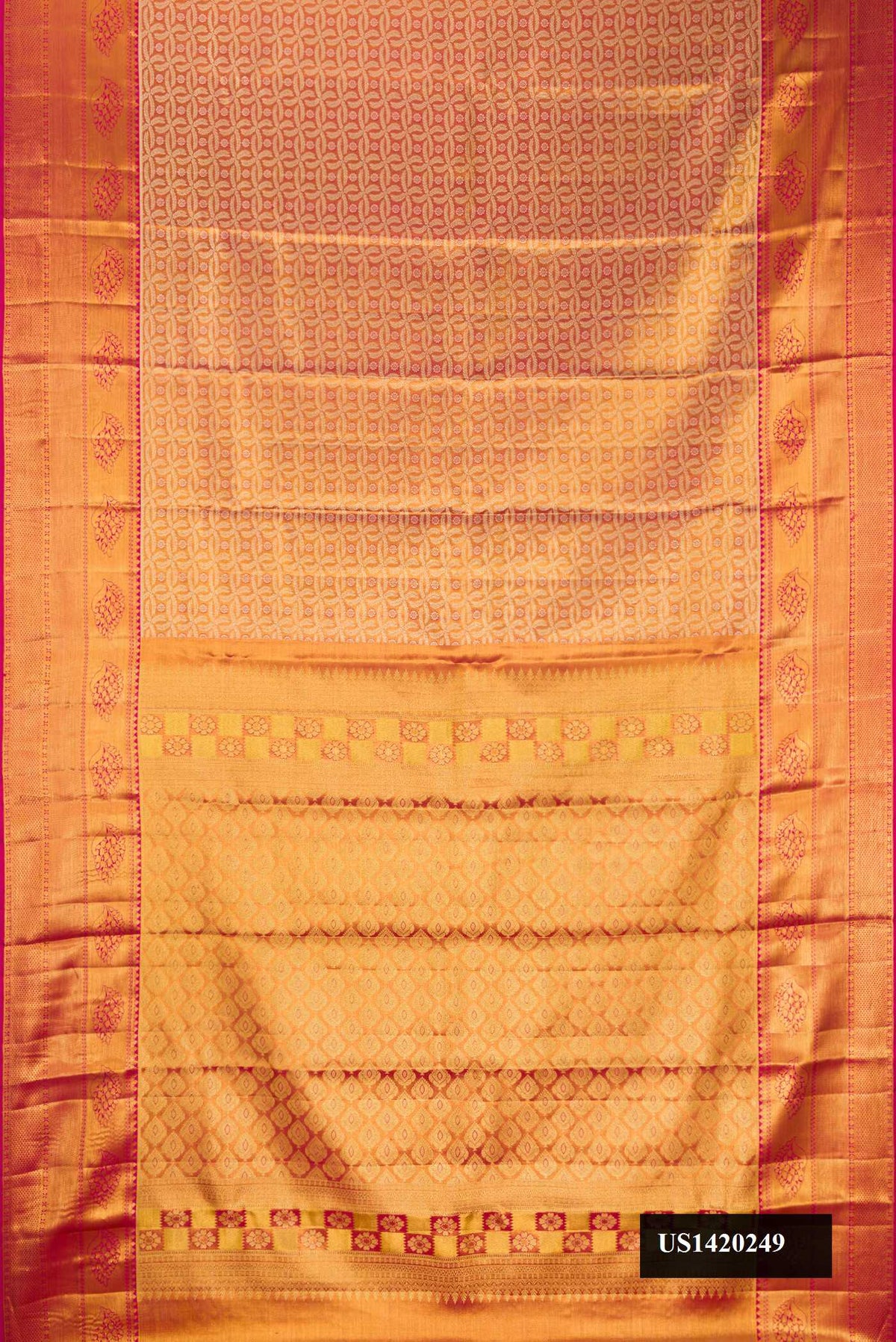 Gold Dual Tone Kanchipuram Tissue Silk Saree with Zari Brocade on the body and Zari Border.  displayed on a mannequin