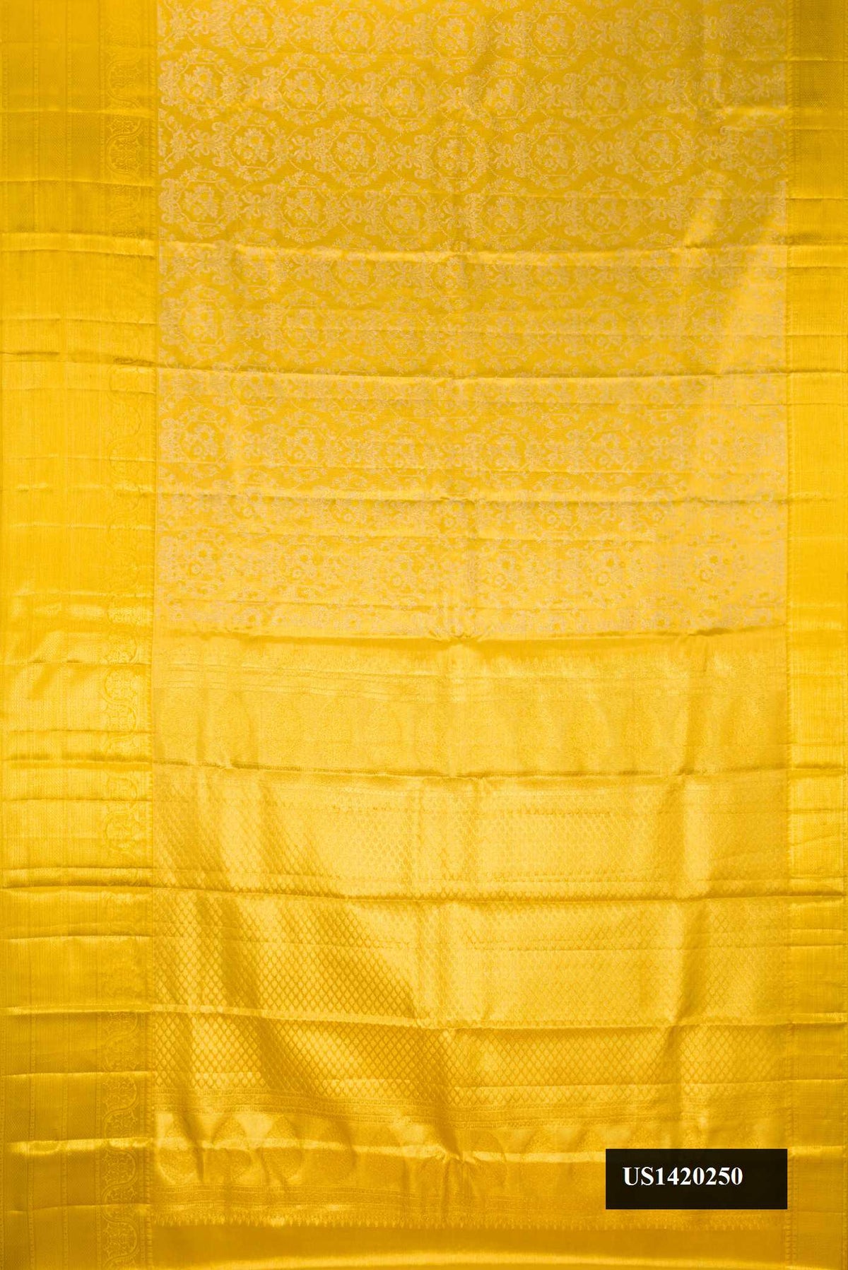 Gold Dual Tone Kanchipuram Tissue Silk Saree with Zari Brocade on the body and Zari Border.  displayed on a mannequin