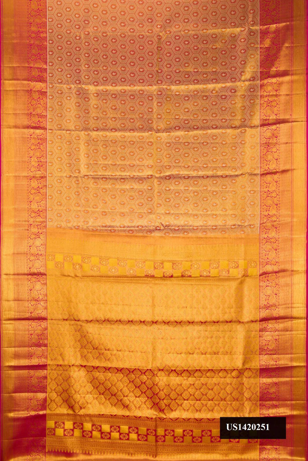 Pink Dual Tone Kanchipuram Tissue Silk Saree with Zari Brocade on the body and Zari Border.  displayed on a mannequin
