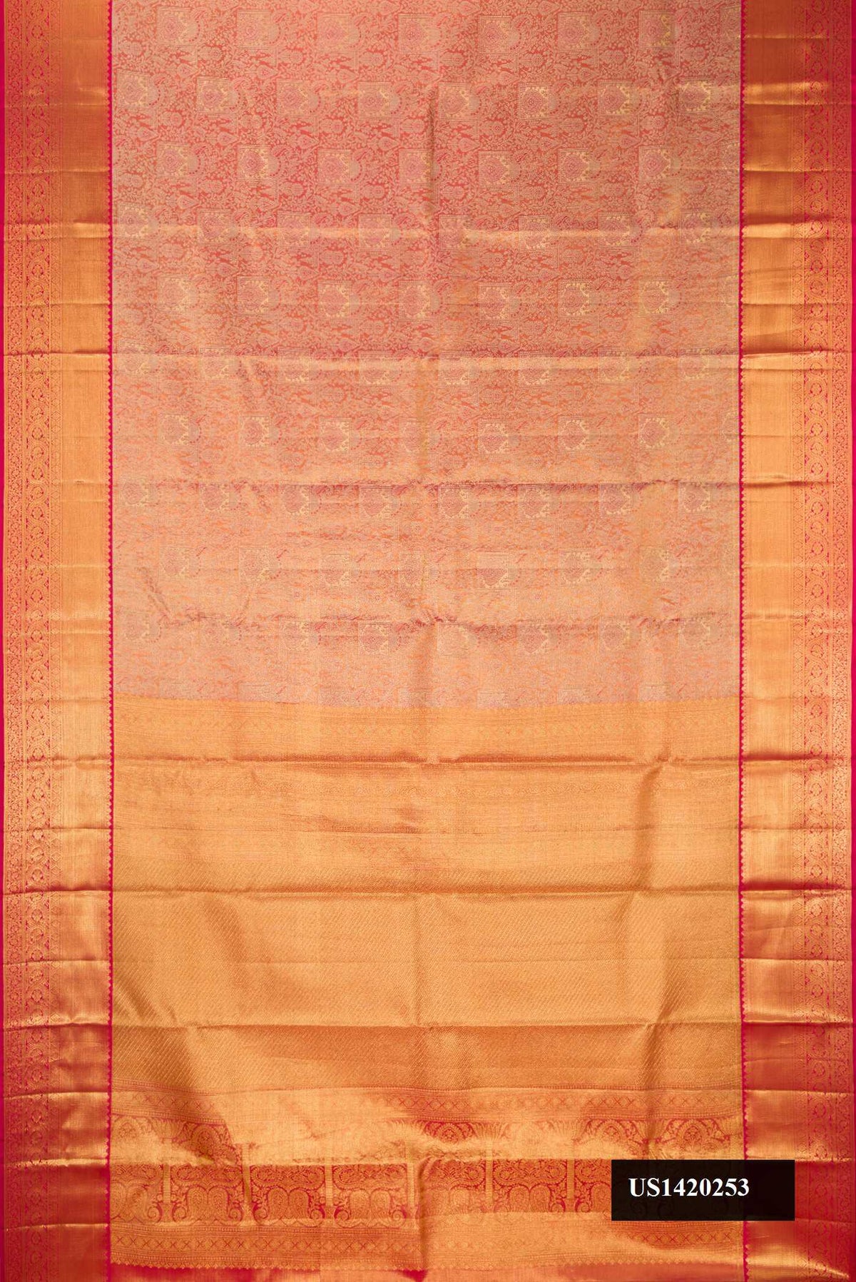 Pink Dual Tone Kanchipuram Tissue Silk Saree with Zari Brocade on the body and Zari Border.  displayed on a mannequin