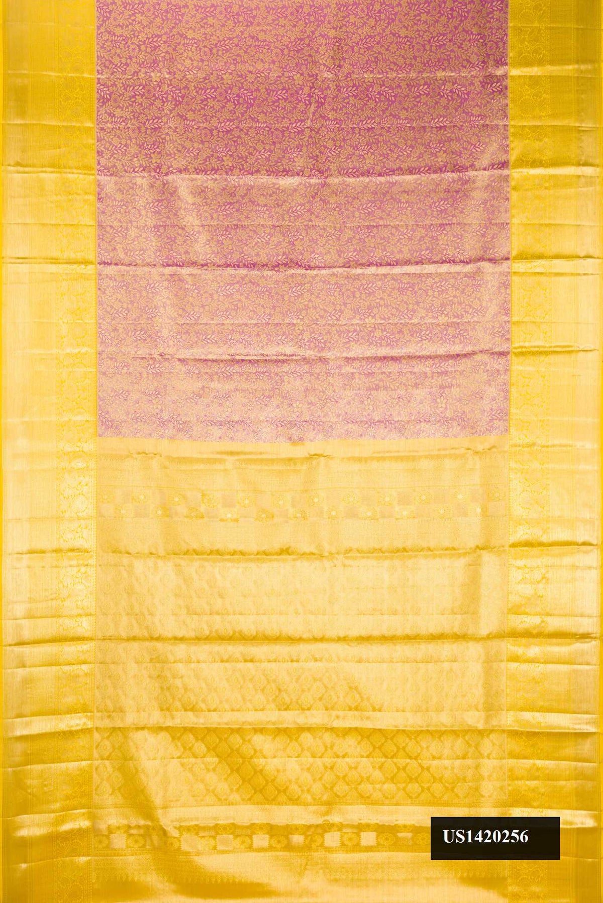 Purple Dual Tone Kanchipuram Tissue Silk Saree with Zari Brocade on the body and Zari Border.  displayed on a mannequin
