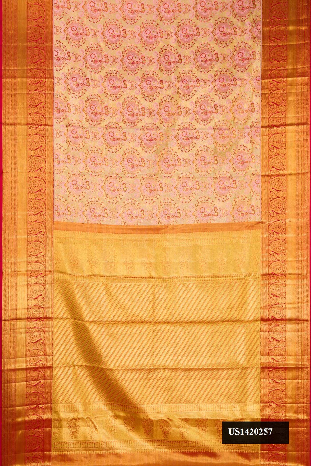 Rose Gold Dual Tone Kanchipuram Tissue Silk Saree with Zari Brocade on the body and Zari Border.  displayed on a mannequin