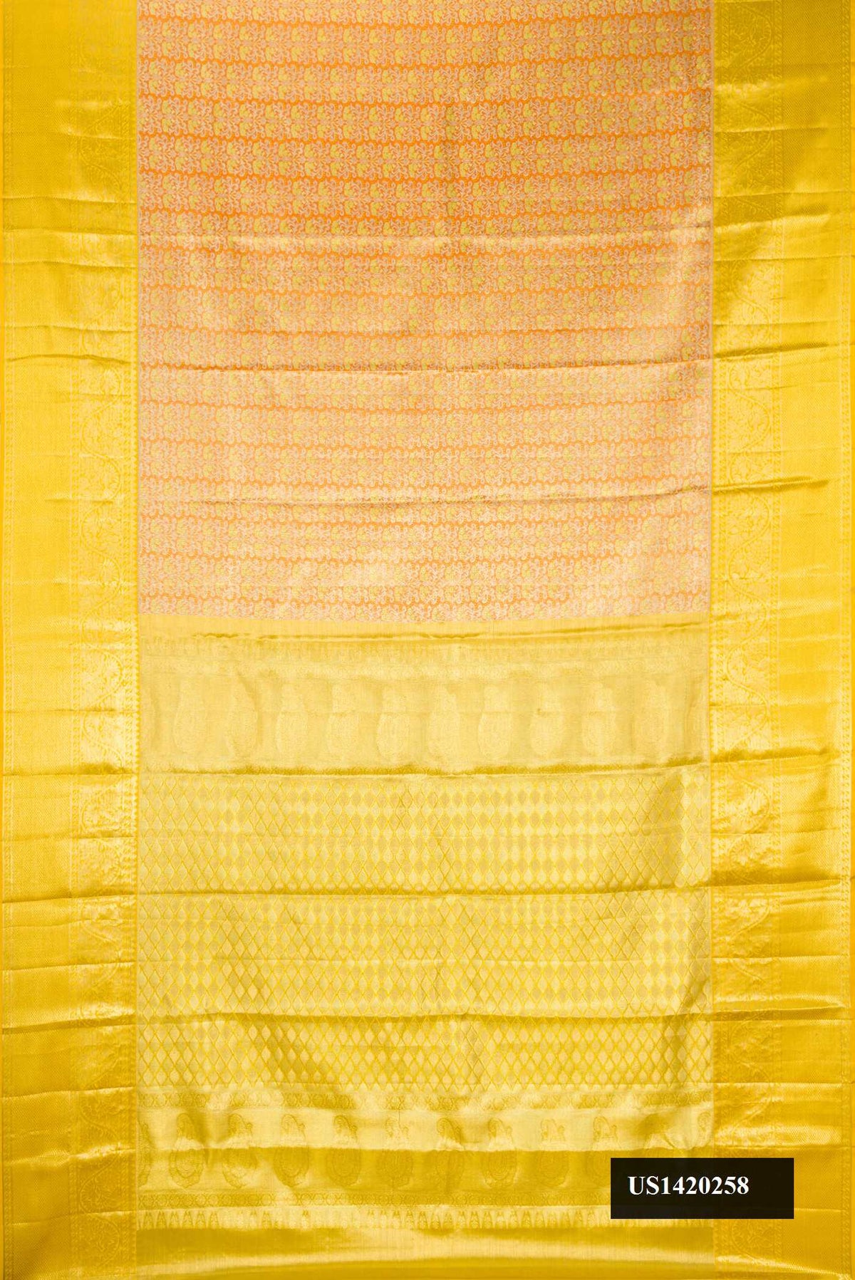 Orange Dual Tone Kanchipuram Tissue Silk Saree with Zari Brocade on the body and Zari Border.  displayed on a mannequin