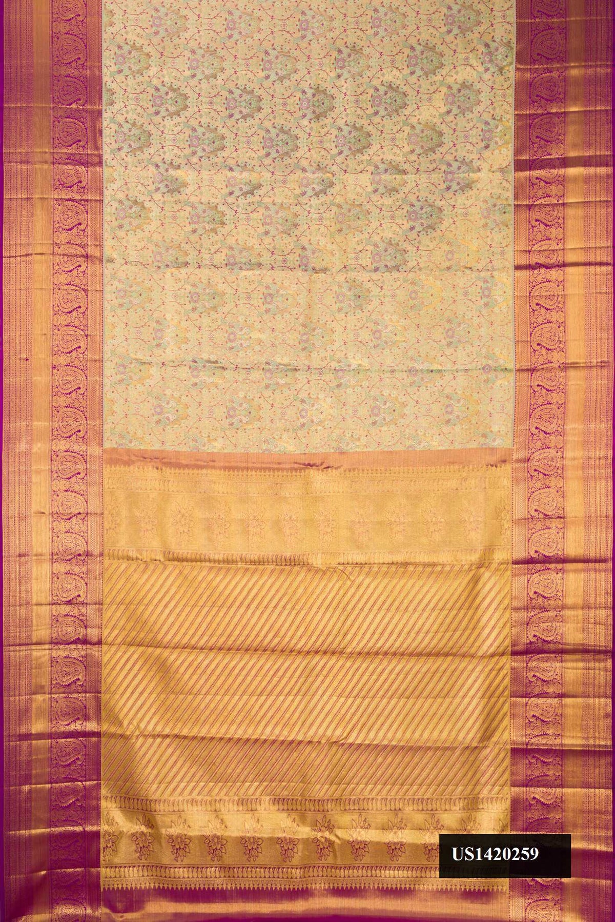 Gold Dual Tone Kanchipuram Tissue Silk Saree with Zari Brocade on the body and Zari Border.  displayed on a mannequin