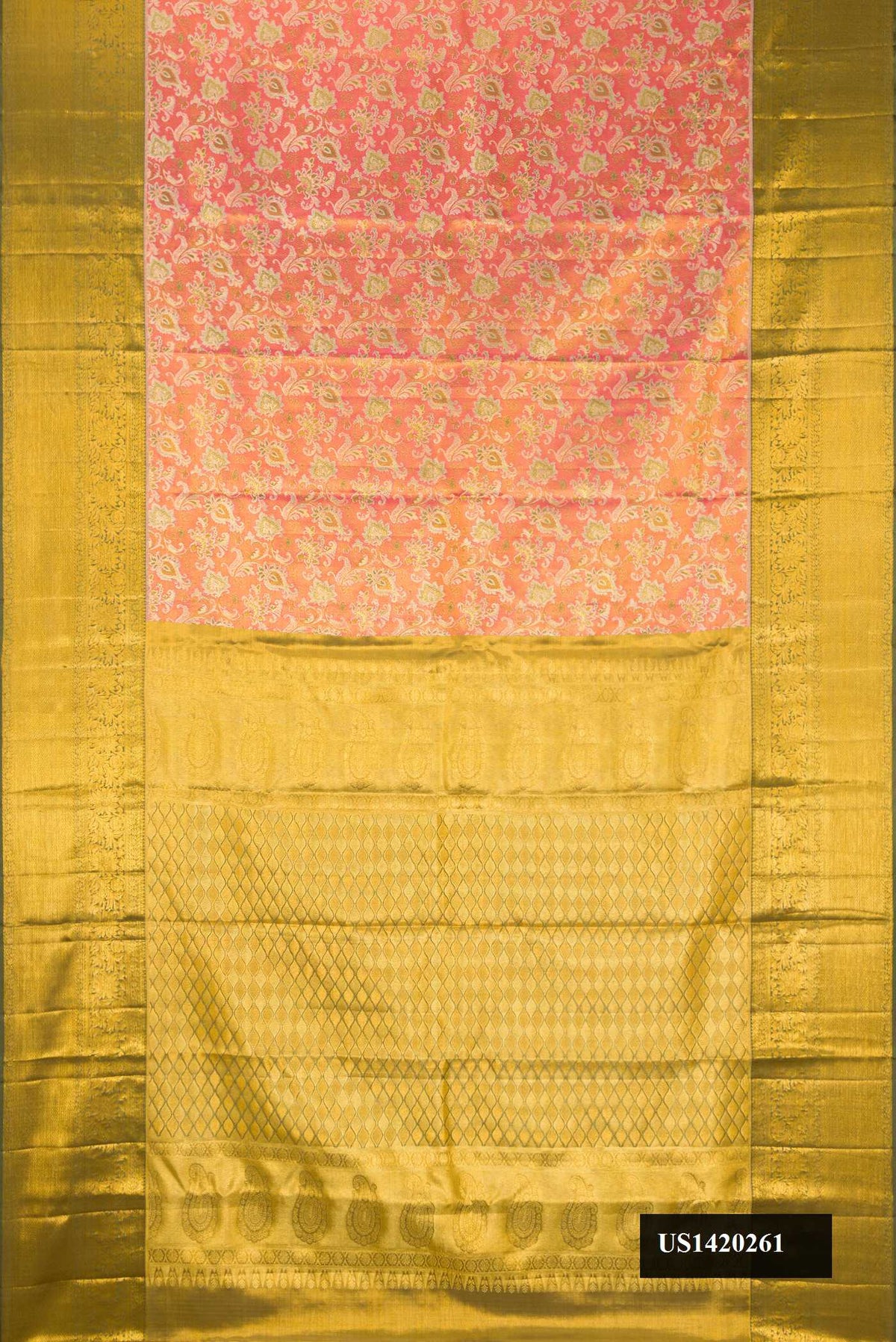 Pink Dual Tone Kanchipuram Tissue Silk Saree with Zari Brocade on the body and Zari Border.  displayed on a mannequin
