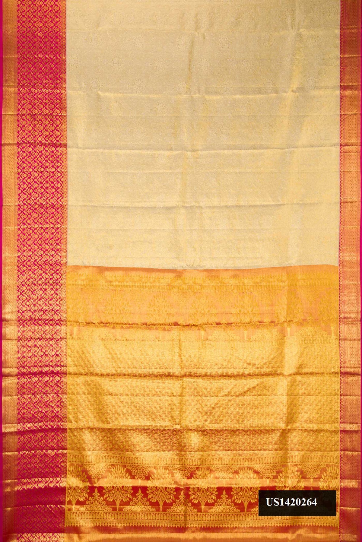 Gold Dual Tone Kanchipuram Tissue Silk Saree with Zari Brocade on the body and Zari Border.  displayed on a mannequin
