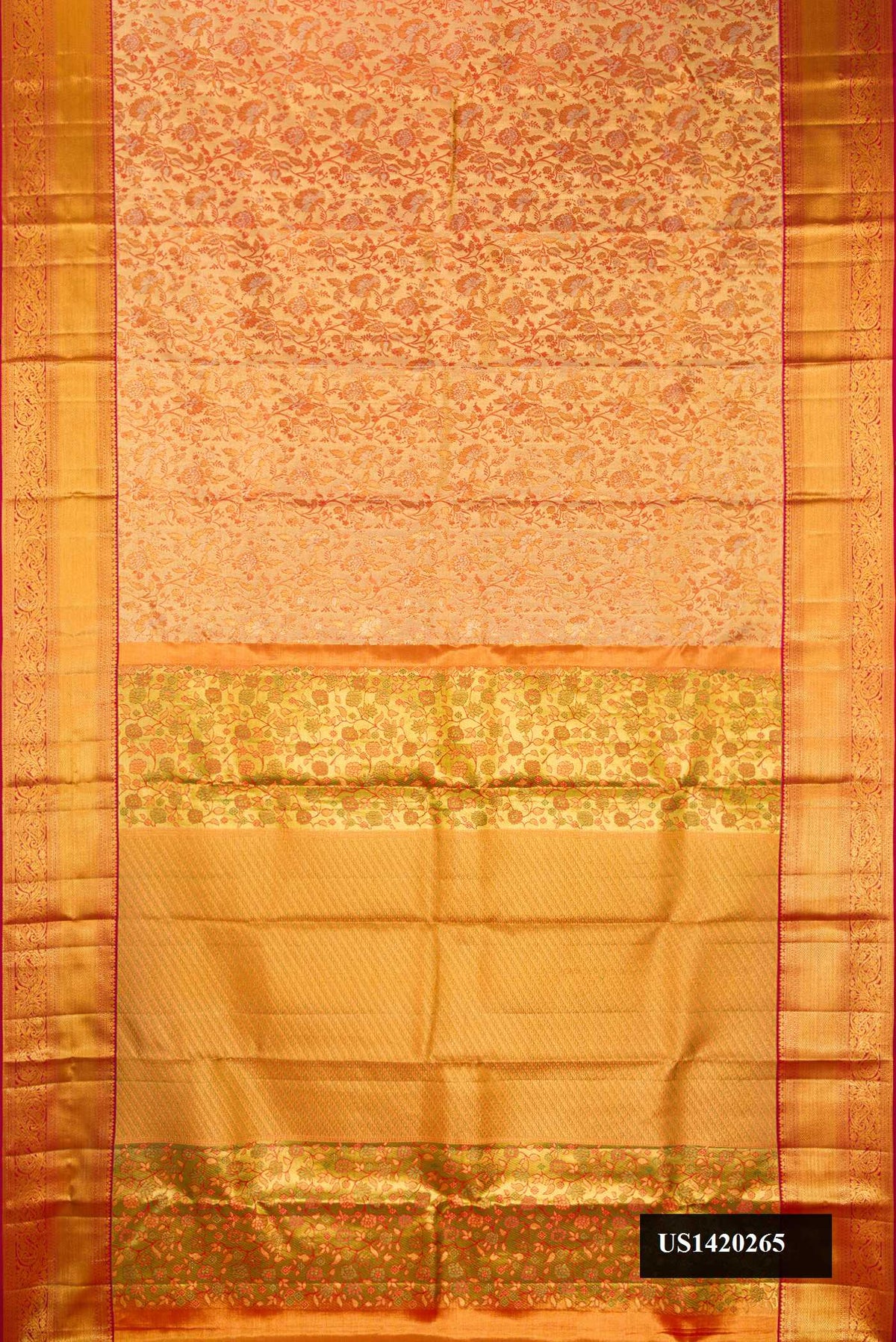 Gold Dual Tone Kanchipuram Tissue Silk Saree with Zari Brocade on the body and Zari Border.  displayed on a mannequin