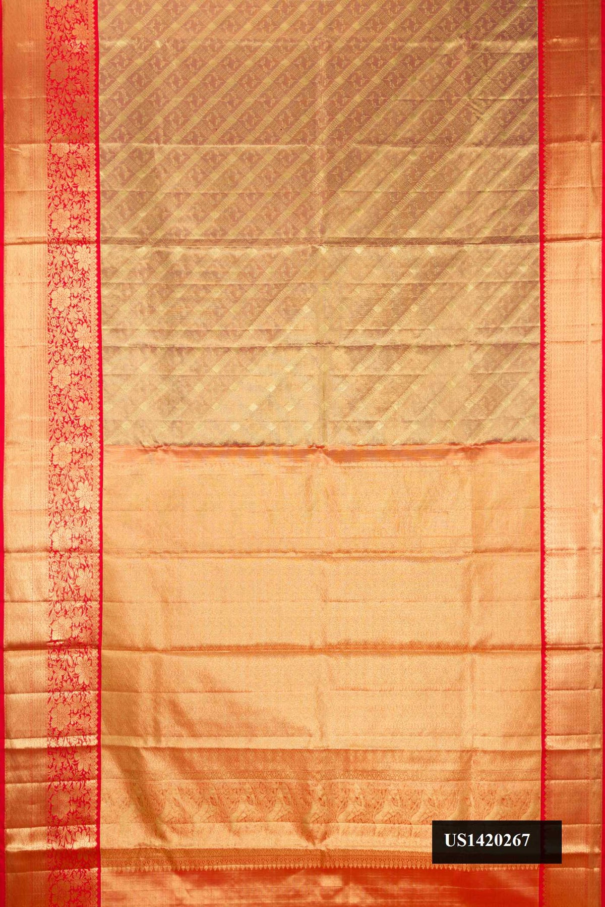 Rose Gold Dual Tone Kanchipuram Tissue Silk Saree with Zari Brocade on the body and Zari Border.  displayed on a mannequin