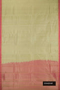 Pista Green Dual Tone Kanchipuram Silk Saree with Zari Butta on the body and Zari Border.  displayed on a mannequin