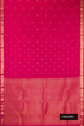 Dark Pink Dual Tone Kanchipuram Silk Saree with Zari Butta on the body and Zari Border.  displayed on a mannequin