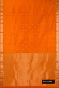 Orange Dual Tone Kanchipuram Silk Saree with Stripes on the body and Zari Border.  displayed on a mannequin