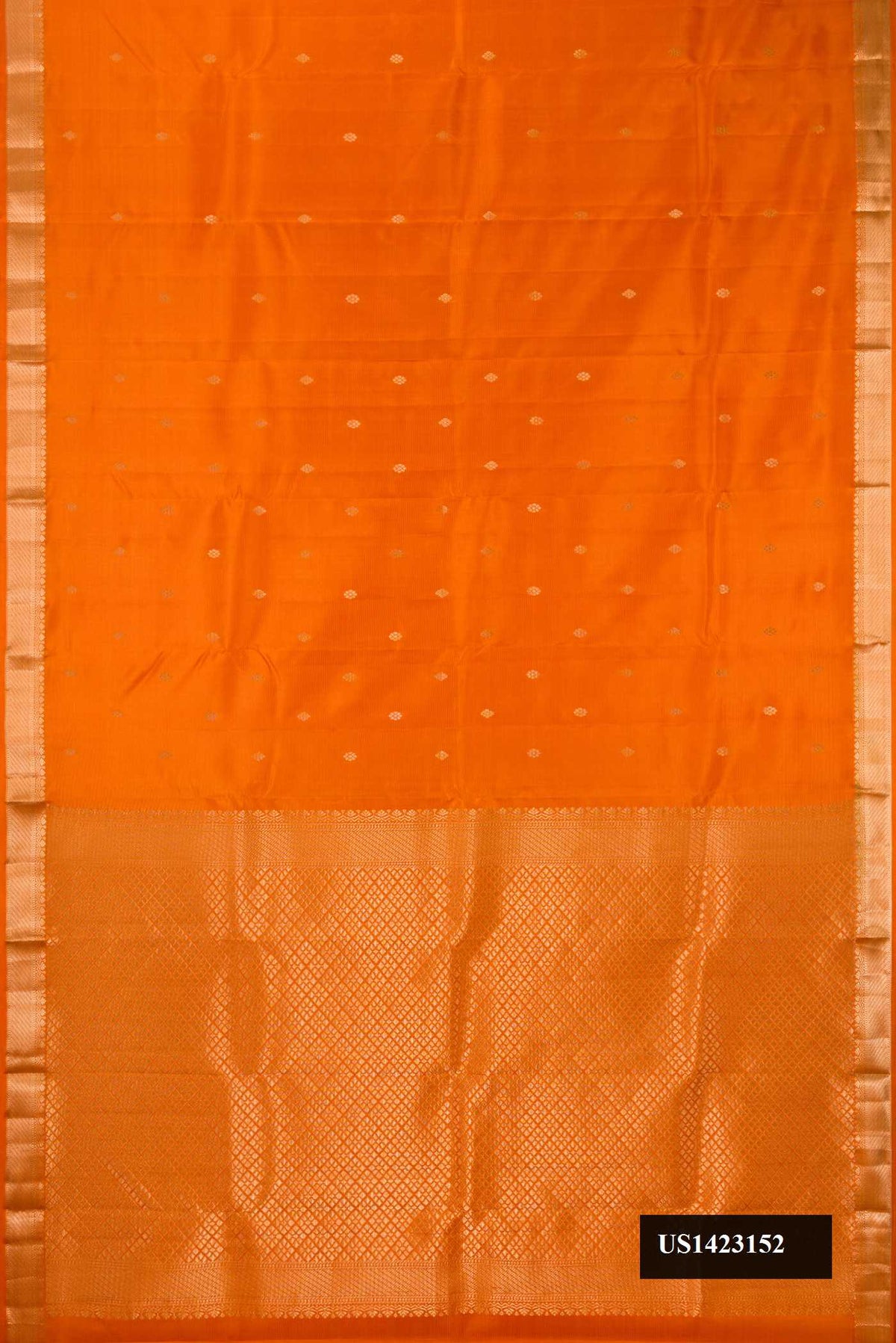 Orange Dual Tone Kanchipuram Silk Saree with Stripes on the body and Zari Border.  displayed on a mannequin